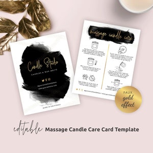 Massagekerzenpflegekartenvorlage, bearbeitbarer Massageölkerzenpflege-Leitfaden, Anleitung für die Schwarz-Gold-Kerze für ätherisches Öl, Instant BW-001