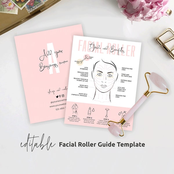 Face Roller Care Card Template, Editable Quartz Roller Facial Diagram, Jade Massage Tool Instructions, Printable Beauty Aftercare, P01