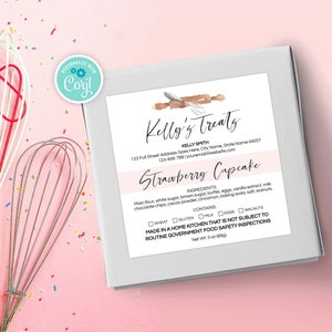 Cottage Law Food Labels Template, Custom Home Bakery License Stickers, Feminine Homemade Cookies & Cupcakes Ingredients Square Label WCA-01