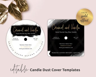 Candle Dust Cover Template, Editable Candle Dust Lids, Printable Black and Gold Candle Covers, Custom Round & Square Dust Covers, BW-001