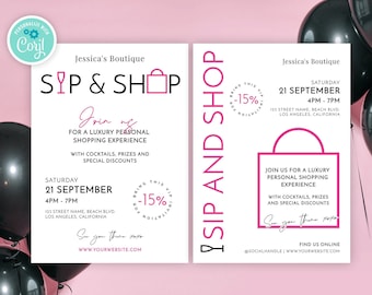 Sip and Shop Invite Template, Editable Boutique Launch Event Invitation, Grand Opening Cocktails Flyer Design 5x7", Printable Leaflet