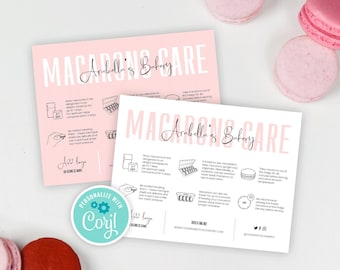 Custom Macarons Care Card, Feminine Macaron Care Guide Template, Editable Meringue Cookie Care Instructions, Printable Bakery Care Note, P01