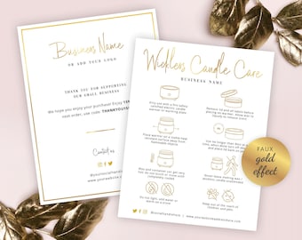 Bearbeitbare Dochtkerzenpflegekarte, Vorlage für die Pflegeanleitung mit Faux Gold-Effekt bei No Wick Melt, druckbare Sicherheitsanleitung für Kerzen ohne Flamme, GF-01