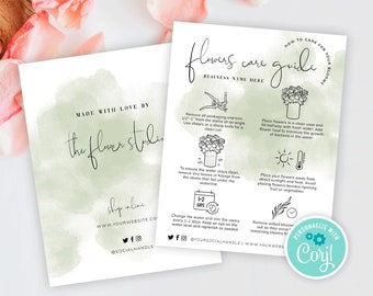 Cut Flowers Care Card Template, Editable Florist Bouquet Care Guide, Fresh Blooms Care Instructions, Printable Note, Sage Green Watercolor