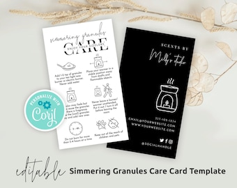 May include: Black and white care card template for simmering granules. The card includes instructions for using the granules, safety tips, and contact information for "Scents by Milly's Studio".