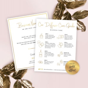 May include: Gold and white printable car diffuser care guide with instructions on how to use and care for the diffuser. The guide includes a business name placeholder and social media icons.