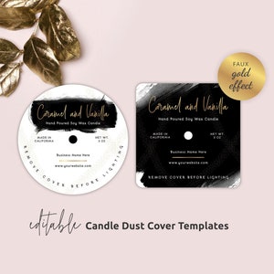Candle Dust Cover Template, Editable Candle Dust Lids, Printable Black and Gold Candle Covers, Custom Round & Square Dust Covers, BW-001