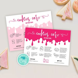 Editable Cookies Care Card, Feminine Sugar Cookies Care Guide Template, Custom Bakery Care Note, Printable Biscuits Care Instructions DP-001