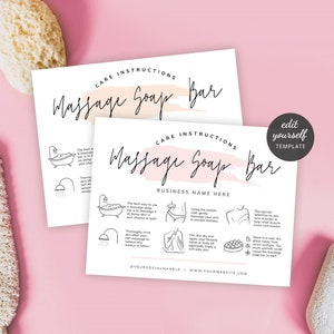 Massage Soap Bar Care Card Template, Editable Exfoliating Massage Soap Guide, Printable Care Note Feminine Pink Watercolor, PW-001