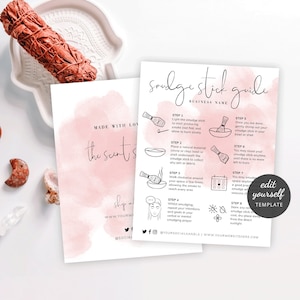 Smudge Stick Care Guide Template, How to Smudge Your Home Instructions, Dried Herb Stick Cleansing Process Care Card, Pink Watercolor WS01