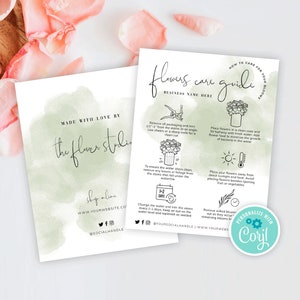 Verzorgingskaartsjabloon snijbloemen, bewerkbare verzorgingsgids bloemistenboeket, onderhoudsinstructies verse bloemen, afdrukbare notitie, saliegroene aquarel