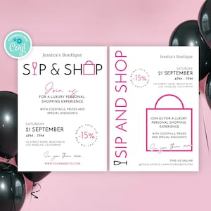 Szablon zaproszenia na Sip and Shop, edytowalne zaproszenie na wydarzenie otwarcia butiku, projekt ulotki na wielkie otwarcie koktajli 5x7", drukowana ulotka