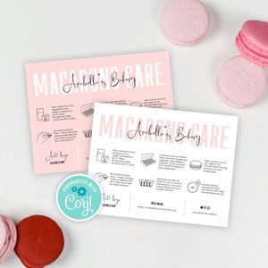 Custom Macarons Care Card, Feminine Macaron Care Guide Template, Editable Meringue Cookie Care Instructions, Printable Bakery Care Note, P01