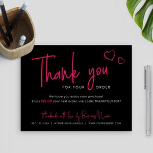 Plantilla de tarjeta de agradecimiento por pedido en rosa brillante, inserto de agradecimiento por compra editable, tarjeta de agradecimiento para pequeñas empresas, insertos para paquetes, Corjl