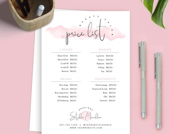 Plantilla de lista de precios elegante, listas de precios imprimibles, plantillas de listas de precios para salones de belleza, hoja de precios editable para negocios, menú femenino Corjl