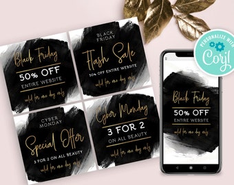 Black Friday Instagram Marketing Template, Cyber Monday Digital Marketing Flyer, Editable Shop Sale and Promo IG Stories and Posts, BW-001