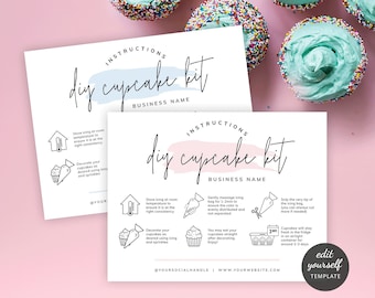 DIY Cupcake Kit Instructions Cards, Editable Muffins Decorating Guide Template, Feminine  Bakery Note, Printable Box Inserts PW-001