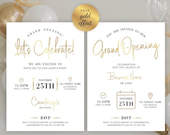 May include: A gold and white grand opening invitation with the text "Let's Celebrate!" and "Grand Opening". The invitation includes the date, time, and location of the event. It also includes the name of the business, "Courtney's Boutique".
