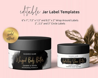 Cosmetics Jar Label Template, Custom Jar Wrap Around Labels, Black & Gold Body Butter Packaging Design, Printable Lotion Tin Sticker, BW-001