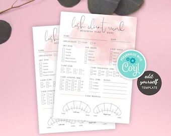 Sjabloon wimperbestand, bewerkbare wimpertoewijzing afdrukbaar formulier, instant wimperextensies klantrecordkaart, roze aquarel, WS01