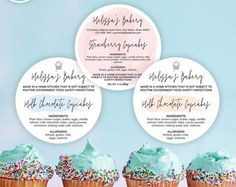 Custom Cottage Law Labels, Feminine Food License Circle Label Template, Home Bakery Packaging Design, Ingredients Allergens Labels, PW-001