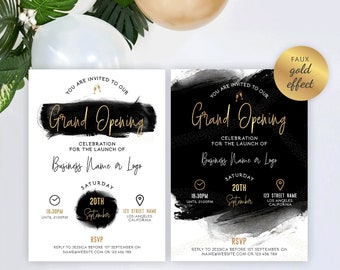May include: Two variations of a black and gold grand opening invitation with a black brushstroke design. The text reads "You are invited to our Grand Opening Celebration for the launch of Business Name or Logo. Saturday, 20th September, 18:30PM until 21:00PM, 123 Street Name, Los Angeles, California. RSVP. Reply to Jessica before 1st September on name@website.com or 123 456 789."