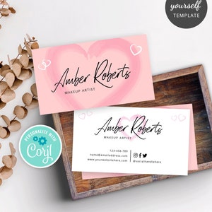 DIY Visitenkarten Vorlage, bearbeitbares Visitenkartendesign Pinkes Herz, Lash Salon Visitenkarten, druckbare Make Up Artist Karten, Feminin