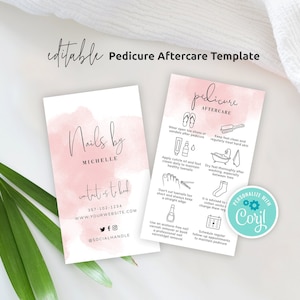 Puede incluir: Una tarjeta de visita rosa y blanca con el texto "Nails by Michelle" e información de contacto. Una segunda tarjeta con un fondo de acuarela rosa y blanco proporciona instrucciones para el cuidado posterior de la pedicura, que incluyen usar zapatos abiertos, aplicar aceite para cutículas, secar los pies a fondo y programar citas de seguimiento regulares.