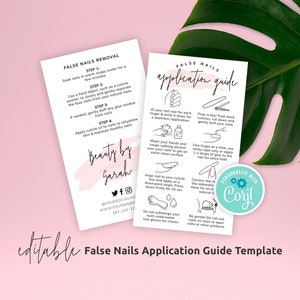 Fake Nails Application Guide Template, Customizable Artificial Nails Instructions, Printable False Nails Aftercare Cards Design, PW-001