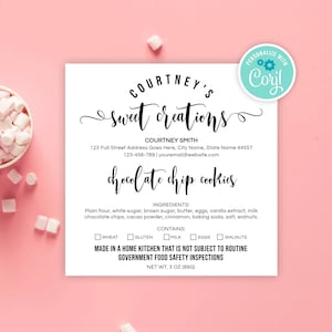 Made In A Home Kitchen Label Template, Elegant Cottage Law Sticker, Cupcake Ingredients & Allergens, Editable Bakery Food License Label