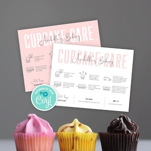 Carte d'entretien personnalisée pour petits gâteaux, modèle de guide d'entretien pour petits gâteaux, conception de note d'entretien pour la boulangerie féminine, instructions d'entretien modifiables pour muffins, P01