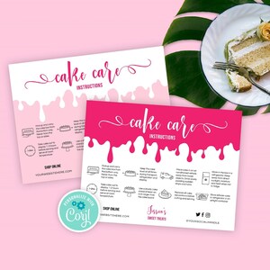 Tarjeta personalizable para el cuidado de pasteles, plantilla editable para la guía de cuidado de pasteles, instrucciones de transporte y almacenamiento de pasteles de varios niveles, tarjeta de cuidado de panadería, DP-001