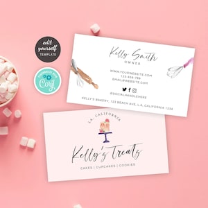 Modelo de cartão de visita para padaria, cartões personalizados para confeitaria, design em aquarela, cartões de visita para confeitaria de biscoitos e cupcakes para impressão WCA-01