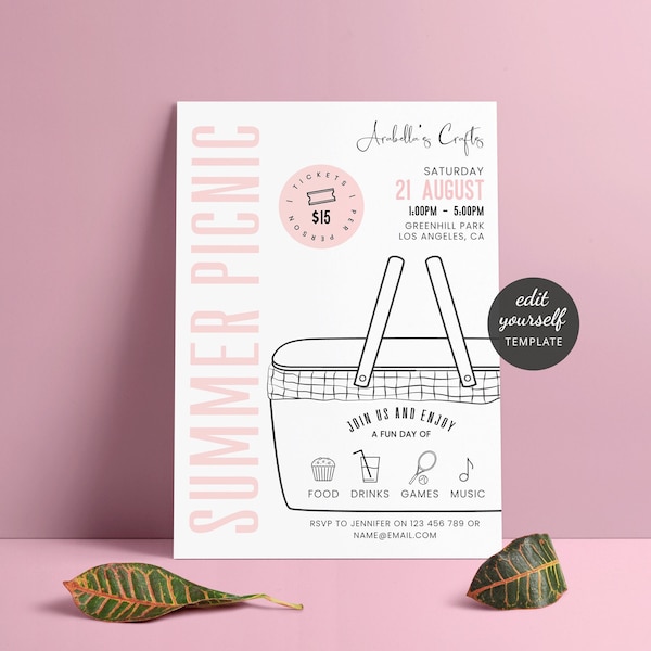 Feminine Picnic Invitation Template, DIY Summer Picnic Party Leaflet, Custom Event Marketing, Printable Picnic Flyer Pink & White, P01