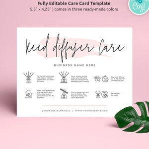 Reed Diffuser Care Guide Template, Custom Room Diffuser Care Cards, Printable Diffuser Care Instructions, Instant, Pink Watercolor, PW-001