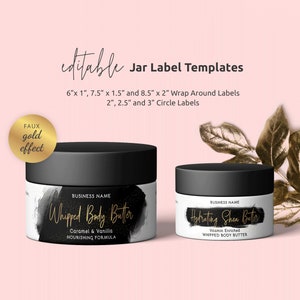 Cosmetics Jar Label Template, Custom Jar Wrap Around Labels, Black & Gold Body Butter Packaging Design, Printable Lotion Tin Sticker, BW-001