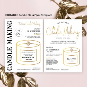 Szablon marketingowy DIY Candle Class, ulotka promocyjna Faux Gold Candle Workshop, ulotka Custom Scent Boutique, zaproszenie do druku GF-01