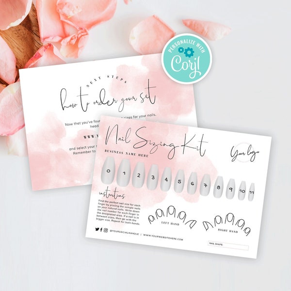 Nail Sizing Kit Template, Custom Artificial Nails Sizing Chart, Printable Fake Nails Try On Kit Branding Template, Pink Watercolor WS01