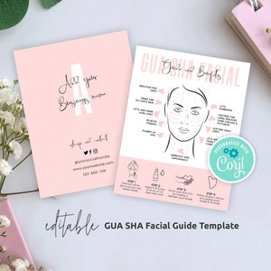 Modello di scheda di cura GUA SHA, diagramma facciale modificabile per strumento Guasha, scheda di istruzioni per massaggio con pietra di giada, nota di bellezza stampabile per la cura post-trattamento, P01
