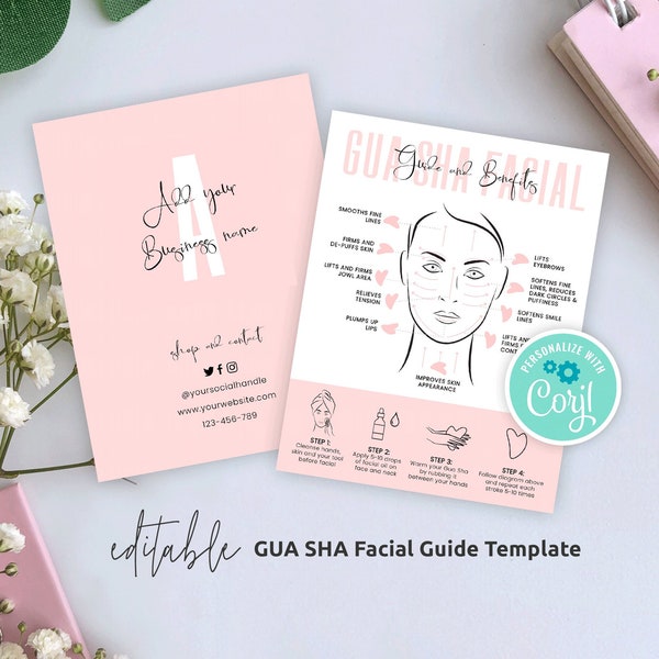 GUA SHA Care Card Template, Editable Guasha Tool Facial Diagram, Jade Stone Massage Instructions Card, Printable Beauty Aftercare Note, P01