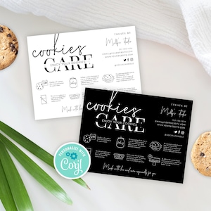 Tarjeta imprimible para el cuidado de galletas, plantilla editable con instrucciones para el cuidado de galletas, guías minimalistas para el cuidado de la panadería, nota para el cuidado de las galletas, instantánea, M-002