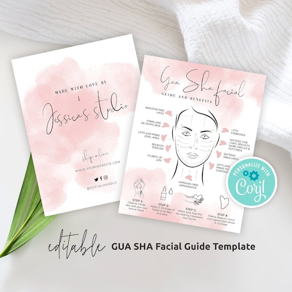 GUA SHA Massage Guide Template, Custom Guasha Care Card, Printable Jade Stone Massage Facial Diagram, Beauty Aftercare Instructions, WS01