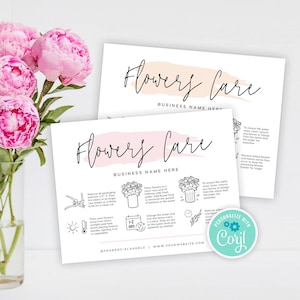 Modèle de carte d'entretien des fleurs, guide d'entretien du bouquet modifiable, cartes d'entretien imprimables pour fleuriste, instructions d'entretien des fleurs fraîches féminines, PW-001