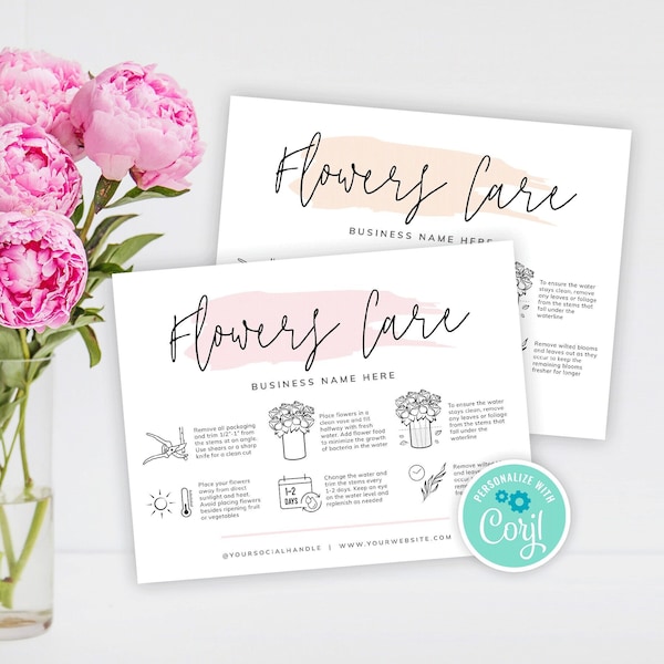 Flowers Care Card Template, Editable Bouquet Care Guide, Printable Florist Care Cards, Feminine Fresh Blooms Care Instructions, PW-001