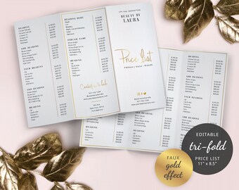 Editable DL Price List Template, Tri-Fold Price Sheet Design, Printable Three Fold Services Pricelist Template, Gold Effect Menu, GF-01