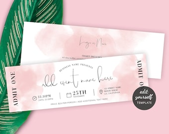 Editable Ticket Template Blush Pink Watercolor, Printable Event Entry Pass, Digital Trip Ticket Design, Concert Entrance Token, WS01