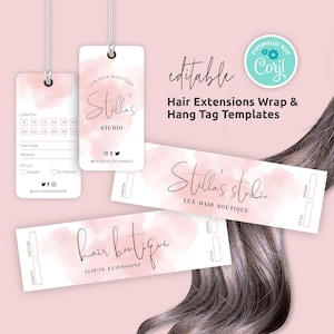 Hair Extensions Bundle Wrap Template, Editable Hair Clip Ins Hang Tag and Wrapper, Printable Black & Gold Hair Boutique Branding Kit, WS01