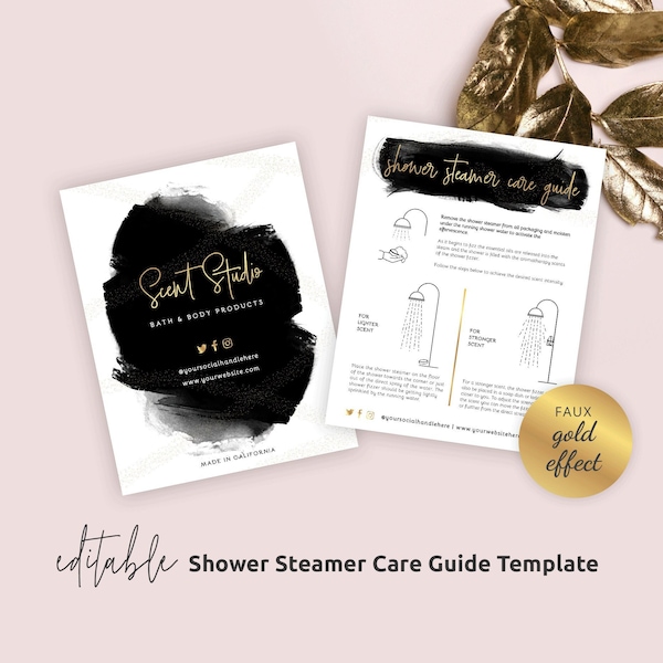 Shower Steamer Care Guide Template, Editable Shower Fizzer Care Cards, Black & Gold Shower Bomb Care Instructions, Printable Cards, BW-001