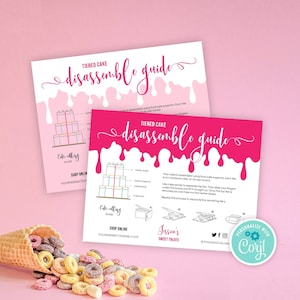 Plantilla de guía para servir pasteles personalizados, instrucciones para desarmar pasteles de varios pisos, tarjeta imprimible para el cuidado de pasteles de boda, plantilla de panadería instantánea, DP-001