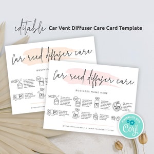Modèle de guide d'entretien pour diffuseur roseau de voiture, carte d'entretien modifiable pour diffuseur à clip de ventilation de voiture, instructions d'entretien du désodorisant pour voiture, instantané, PW-001